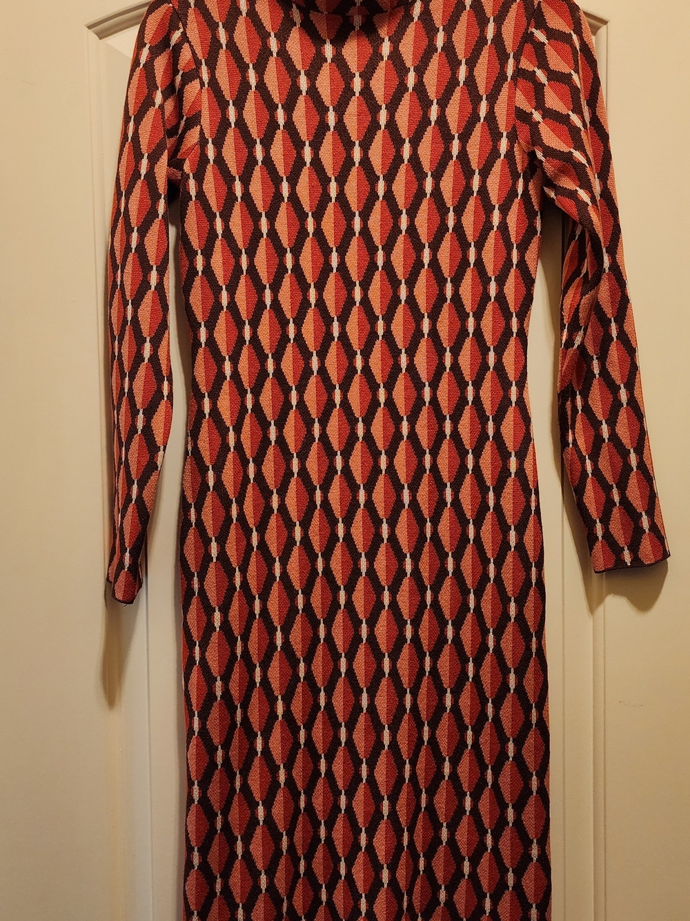 Nina Leonard Rust Geometric Long-Sleeve Knit Dress, Small